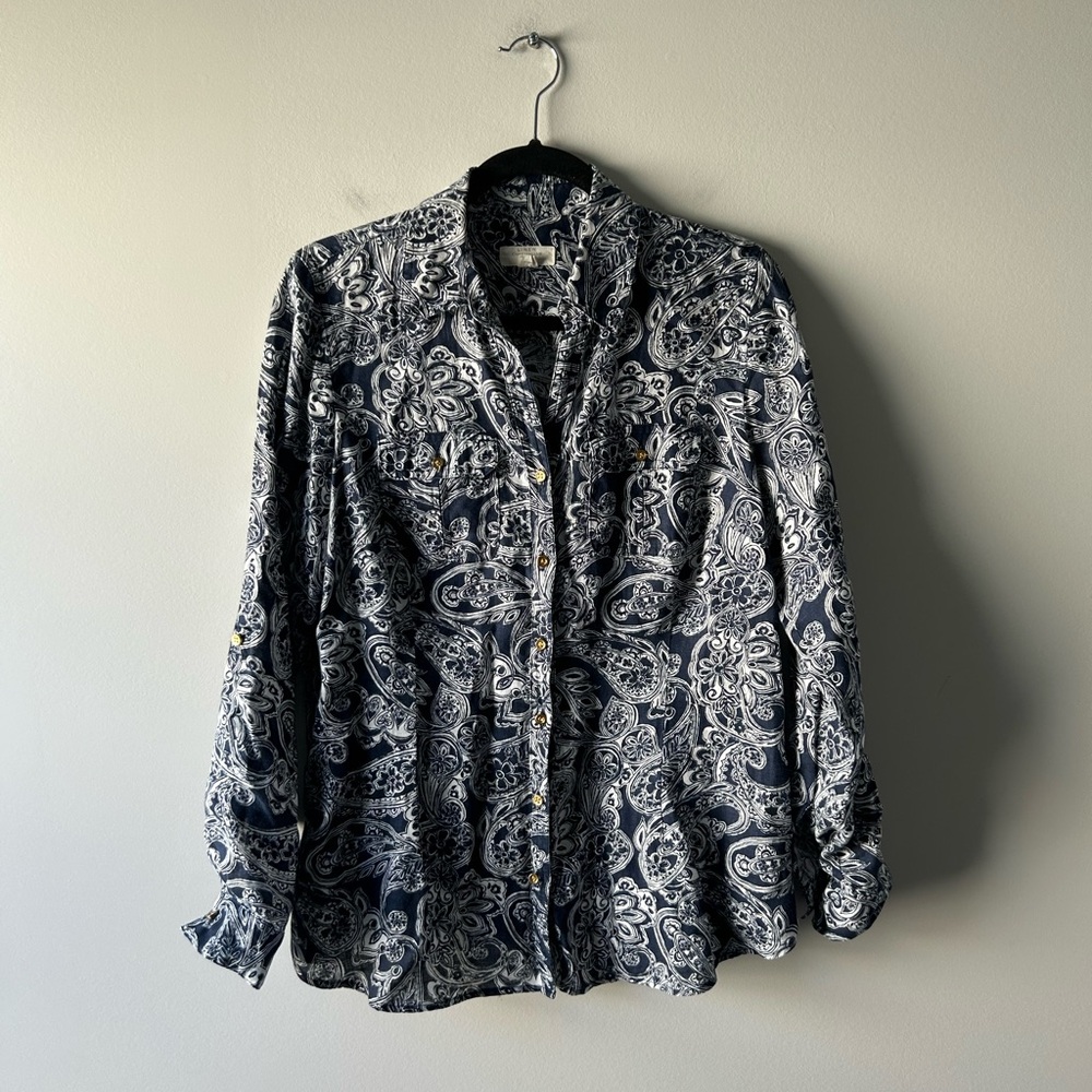 Charter Club navy blue and white printed 100% linen top